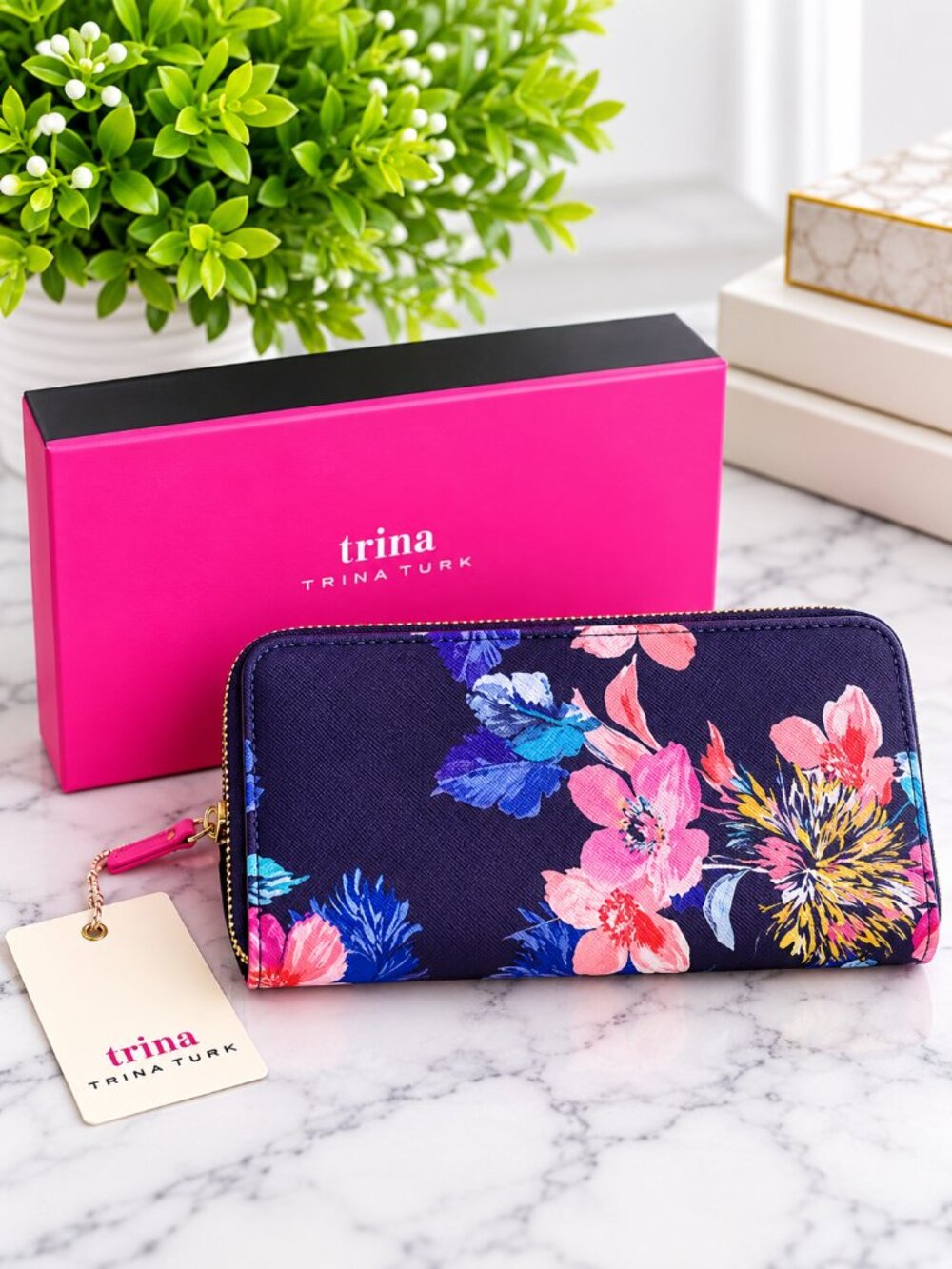 Trina Turk Blue Pink Floral Multi Compartment Zip Wallet Gold Tone Logo